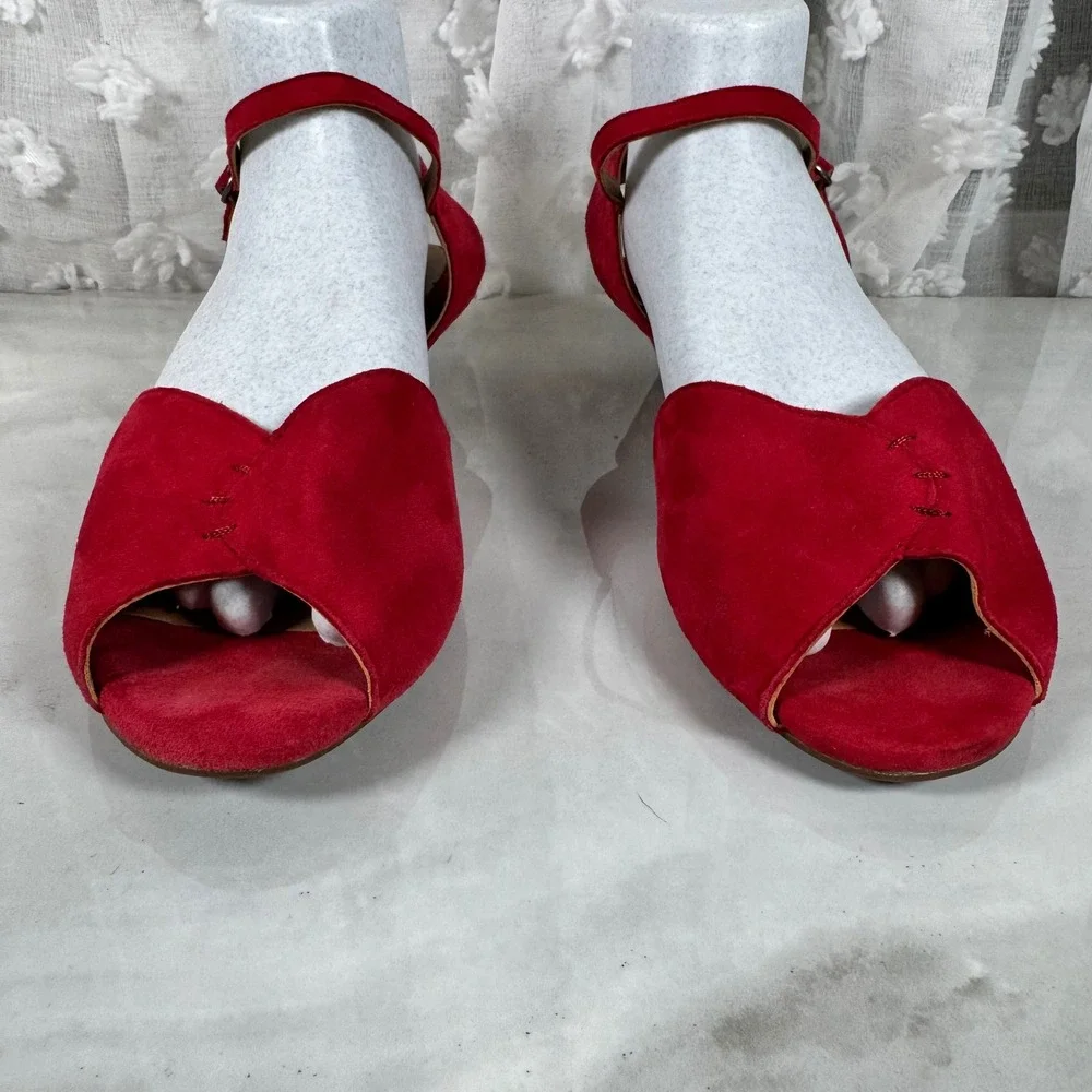 Hotter Hallie Sandals Red‎ Suede Upper Floral Low Wedge Ankle Strap Comfort 11